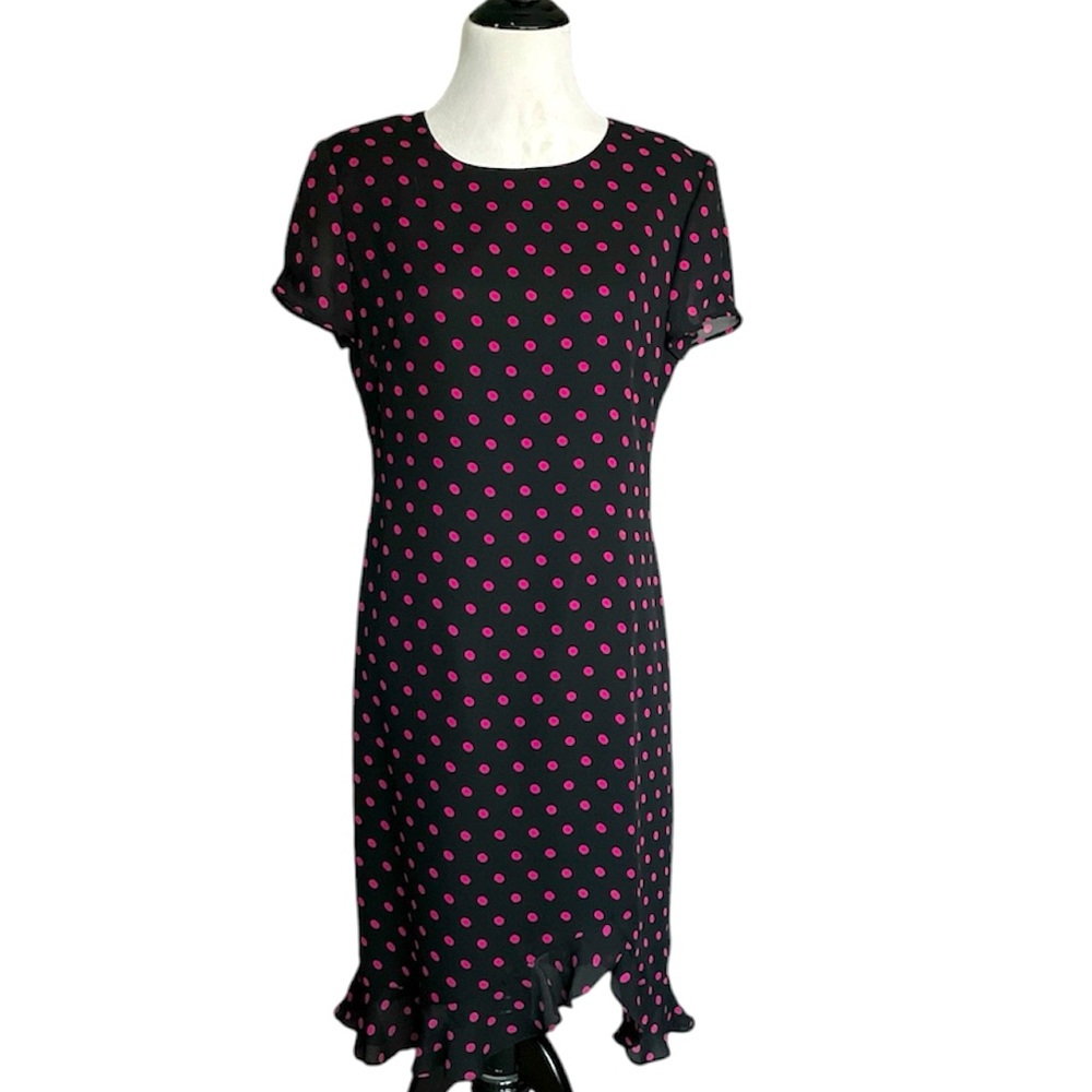 VINTAGE Positive Attitude 90’s black and pink polkadot ruffle dress size 8